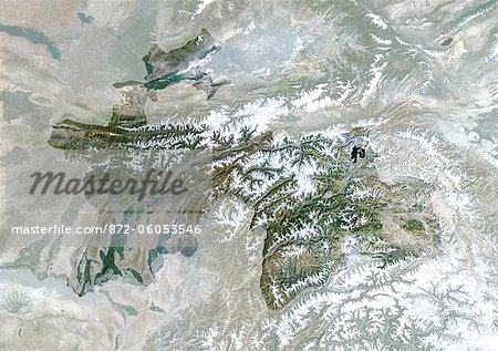 Tajikistan, Asia, True Colour Satellite Image With Mask. Satellite view of Tajikistan (with mask). This image was compiled from data acquired by LANDSAT 5 & 7 satellites.