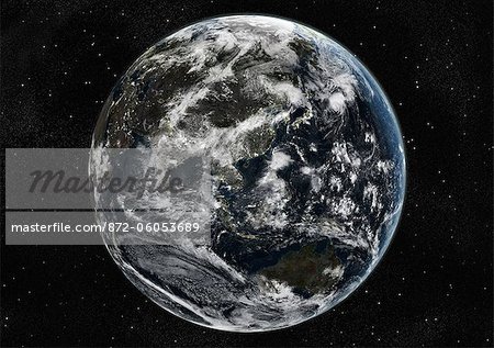 Globe Centred On Asia And Oceania, True Colour Satellite Image. True colour satellite image of the Earth centred on Asia and Oceania with cloud coverage, at the equinox at 6 p.m GMT. This image in orthographic projection was compiled from data acquired by LANDSAT 5 & 7 satellites.