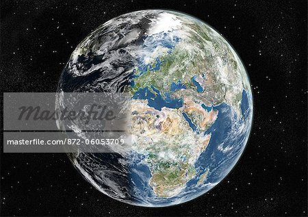 Globe Centred On Europe And Africa, True Colour Satellite Image. True colour satellite image of the Earth centred on Europe and Africa with cloud coverage, at the equinox at 6 a.m GMT. This image in orthographic projection was compiled from data acquired by LANDSAT 5 & 7 satellites.