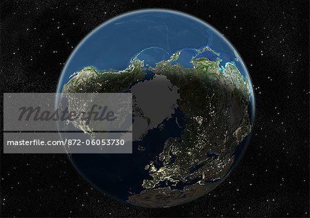 Globe Centred On The North Pole, True Colour Satellite Image. True colour satellite image of the Earth centred on the North Pole, during winter solstice at 12 p.m GMT. This image in orthographic projection was compiled from data acquired by LANDSAT 5 & 7 satellites.