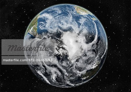 Globe Centred On The South Pole, True Colour Satellite Image. True colour satellite image of the Earth centred on the South Pole with cloud coverage, during summer solstice at 12 a.m GMT. This image in orthographic projection was compiled from data acquired by LANDSAT 5 & 7 satellites.