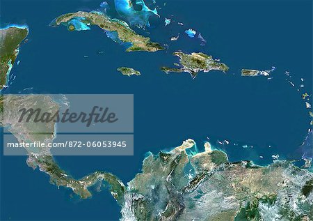 Caribbean Sea, Central America, True Colour Satellite Image. True colour satellite image of the Caribbean Sea. It is bounded to the south and west by Central and South America, with the North Atlantic Ocean to the northeast and the Gulf of Mexico to the northwest. Composite image using LANDSAT 5 data.