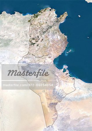 Tunisia, True Colour Satellite Image With Mask And Border. Tunisia, true colour satellite image with mask and border. North is at top. Around forty-five percent of the country is composed of the Sahara desert, with much of the remainder consisting of particularly fertile soil, with easily accessible coasts. This image was compiled from data acquired by LANDSAT 5 & 7 satellites.