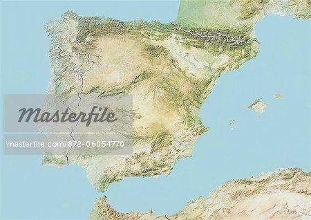 Spain and Portugal, Relief Map With Border
