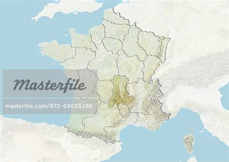France and the Region of Auvergne, Relief Map