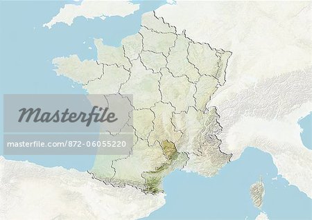 France and the Region of Languedoc-Roussillon, Relief Map