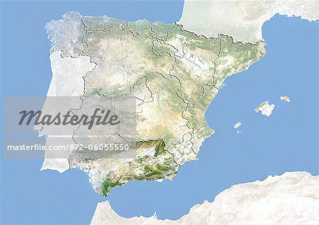 Spain and the Region of Andalusia, Satellite Image With Bump Effect