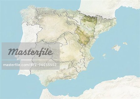 Spain and the Region of Aragon, Relief Map