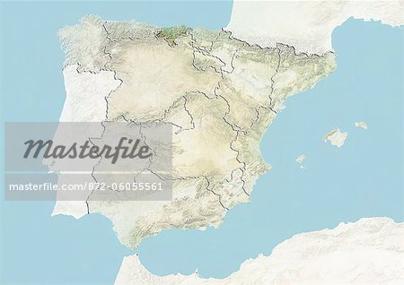 Spain and the Region of Cantabria, Relief Map