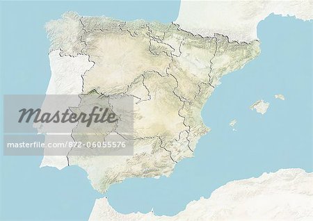 Spain and the Region of Extremadura, Relief Map