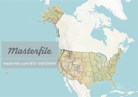 United States, Relief Map With State Boundaries