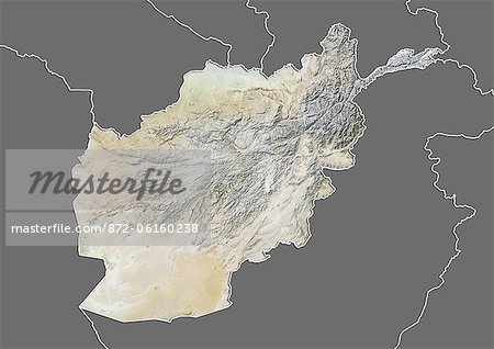 Relief map of Afghanistan (with border and mask). This image was compiled from data acquired by landsat 5 & 7 satellites combined with elevation data.