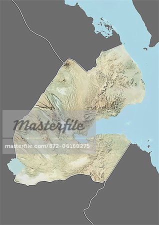 Relief map of Djibouti (with border and mask). This image was compiled from data acquired by landsat 5 & 7 satellites combined with elevation data.