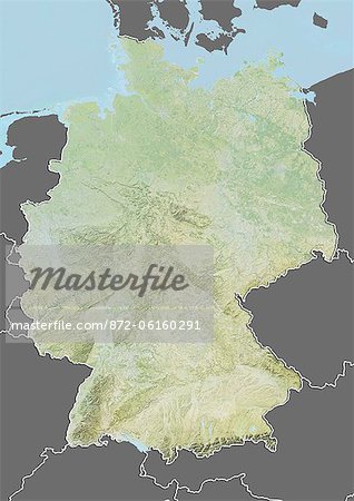 Relief map of Germany (with border and mask). This image was compiled from data acquired by landsat 5 & 7 satellites combined with elevation data.