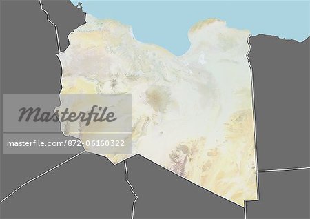 Relief map of Libya (with border and mask). This image was compiled from data acquired by landsat 5 & 7 satellites combined with elevation data.