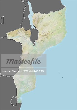 Relief map of Mozambique (with border and mask). This image was compiled from data acquired by landsat 5 & 7 satellites combined with elevation data.