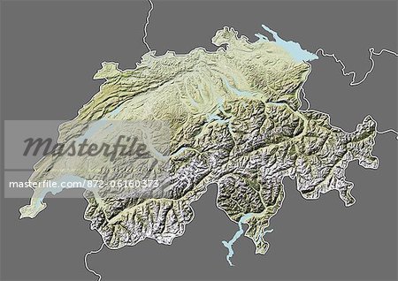 Relief map of Switzerland (with border and mask). This image was compiled from data acquired by landsat 5 & 7 satellites combined with elevation data.