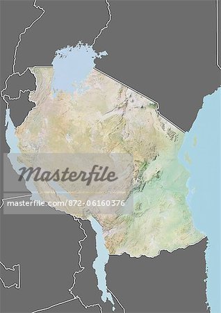 Relief map of Tanzania (with border and mask). This image was compiled from data acquired by landsat 5 & 7 satellites combined with elevation data.