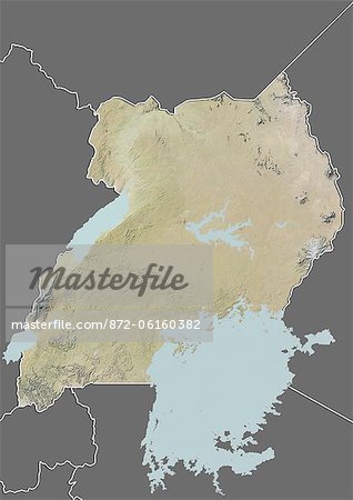 Relief map of Uganda (with border and mask). This image was compiled from data acquired by landsat 5 & 7 satellites combined with elevation data.