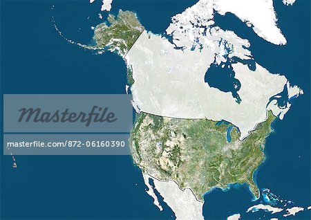 Satellite view of the United States (with border and mask). This image was compiled from data acquired by LANDSAT 5 & 7 satellites.