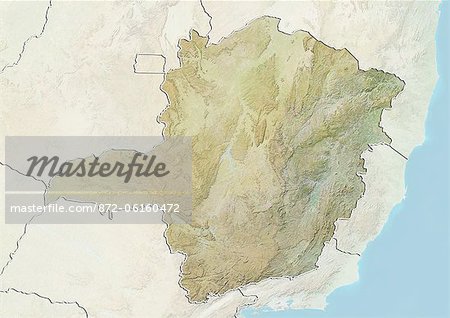 Relief map of the State of Minas Gerais, Brazil. This image was compiled from data acquired by LANDSAT 5 & 7 satellites combined with elevation data.