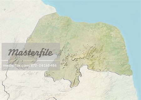 Relief map of the State of Rio Grande do Norte, Brazil. This image was compiled from data acquired by LANDSAT 5 & 7 satellites combined with elevation data.