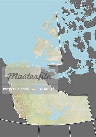 Relief map of the Northwest Territories, Canada. This image was compiled from data acquired by LANDSAT 5 & 7 satellites combined with elevation data.