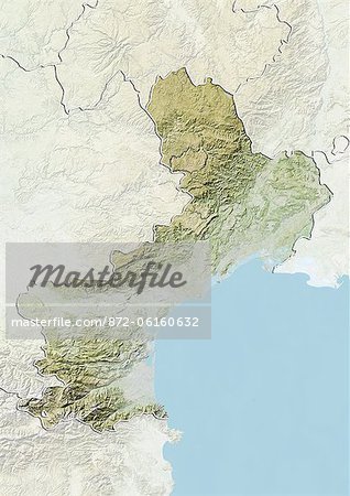 Relief map of Languedoc-Roussillon, France. This image was compiled from data acquired by LANDSAT 5 & 7 satellites combined with elevation data.