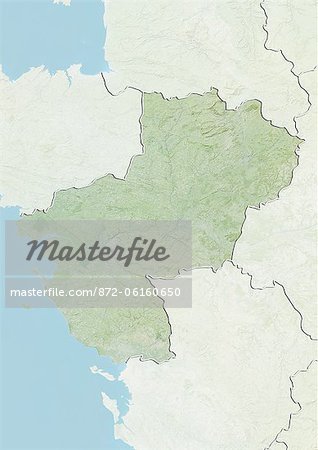 Relief map of Pays-de-la-Loire, France. This image was compiled from data acquired by LANDSAT 5 & 7 satellites combined with elevation data. Relief map of Pays-de-la-Loire, France. This image was compiled from data acquired by LANDSAT 5 & 7 satellites combined with elevation data.