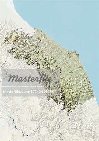 Relief map of the region of Marche, Italy. This image was compiled from data acquired by LANDSAT 5 & 7 satellites combined with elevation data.