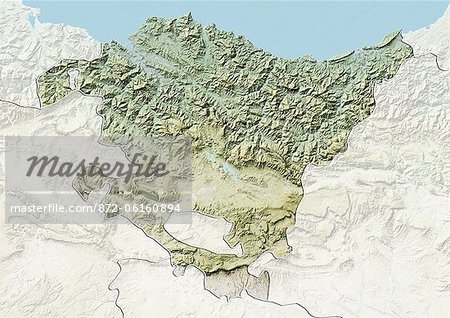 Relief map of Basque Country, Spain. This image was compiled from data acquired by LANDSAT 5 & 7 satellites combined with elevation data.