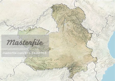 Relief map of Castile La Mancha, Spain. This image was compiled from data acquired by LANDSAT 5 & 7 satellites combined with elevation data.