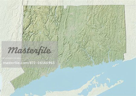 Relief map of the State of Connecticut, United States. This image was compiled from data acquired by LANDSAT 5 & 7 satellites combined with elevation data.
