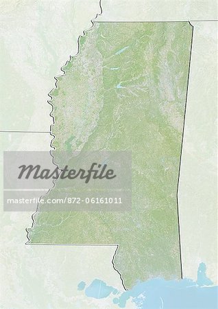 Relief map of the State of Mississippi, United States. This image was compiled from data acquired by LANDSAT 5 & 7 satellites combined with elevation data.