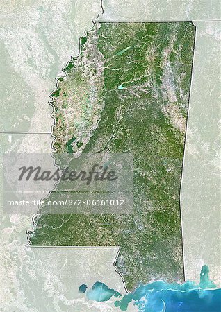 Satellite view of the State of Mississippi, United States. This image was compiled from data acquired by LANDSAT 5 & 7 satellites.