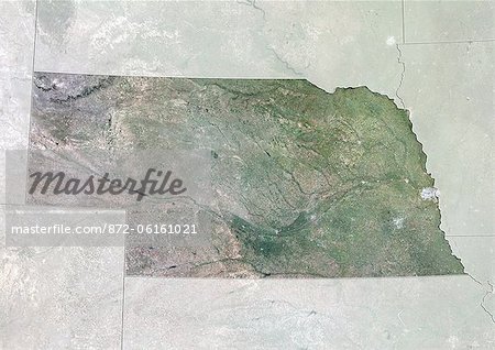 Satellite view of the State of Nebraska, United States. This image was compiled from data acquired by LANDSAT 5 & 7 satellites.