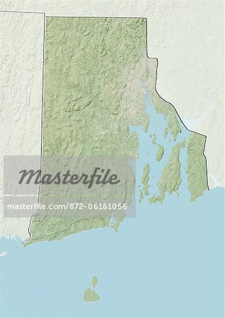 Relief map of the State of Rhode Island, United States. This image was compiled from data acquired by LANDSAT 5 & 7 satellites combined with elevation data.