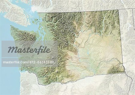 Relief map of the State of Washington, United States. This image was compiled from data acquired by LANDSAT 5 & 7 satellites combined with elevation data.