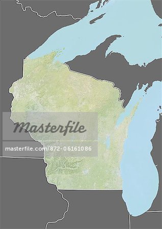 Relief map of the State of Wisconsin, United States. This image was compiled from data acquired by LANDSAT 5 & 7 satellites combined with elevation data.