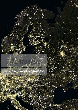 Eastern Europe and Scandinavia at night in 2012. This satellite image with country borders shows urban and industrial lights.