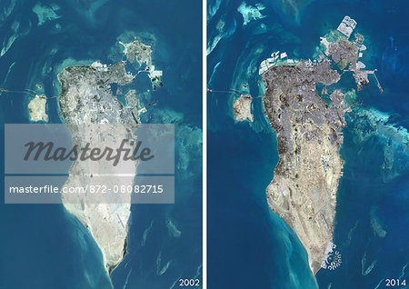 Satellite view of Bahrain in 2002 and 2014. This before and after image shows urban expansion over the years. Satellite view of Bahrain in 2002 and 2014. This before and after image shows urban expansion over the years.