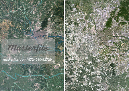 Satellite view of Foshan and Guangzhou, China in 1990 and 2013. This before and after image shows urban expansion over the years.