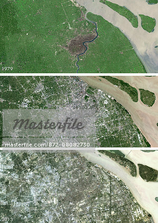 Satellite view of Shanghai, China in 1979, 2001 and 2013. This before and after image shows urban expansion over the years.