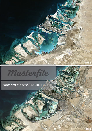 Satellite view of Abu Dhabi, United Arab Emirates in 1985 and 2014. This before and after image shows urban expansion over the years.