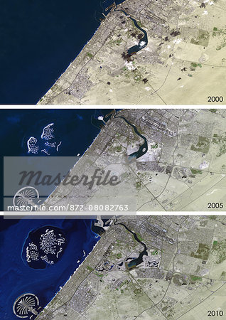 Satellite view of Dubai, United Arab Emirates in 2000, 2005 and 2010. This before and after image shows urban expansion over the years and the construction of the World Islands and the Palm island called Palm Jumeirah.