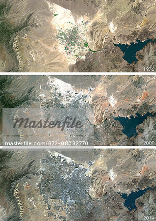 Satellite view of Las Vegas, Nevada, USA in 1975, 2000 and 2013. This before and after image shows urban expansion over the years.