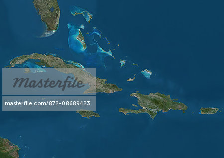 Satellite view of The Greater Antilles and Bahamas. This image was compiled from data acquired by Landsat satellites.