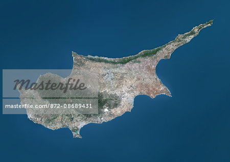 Satellite view of Cyprus. This image was compiled from data acquired by Landsat 8 satellite in 2014.