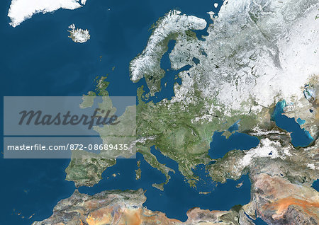 Satellite view of Europe in winter, with partial snow cover. This image was compiled from data acquired by Landsat 7 & 8 satellites.