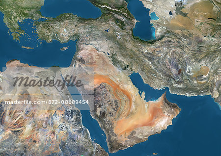 Satellite view of the Middle East. This image was compiled from data acquired in 2014 by Landsat 8 satellite.